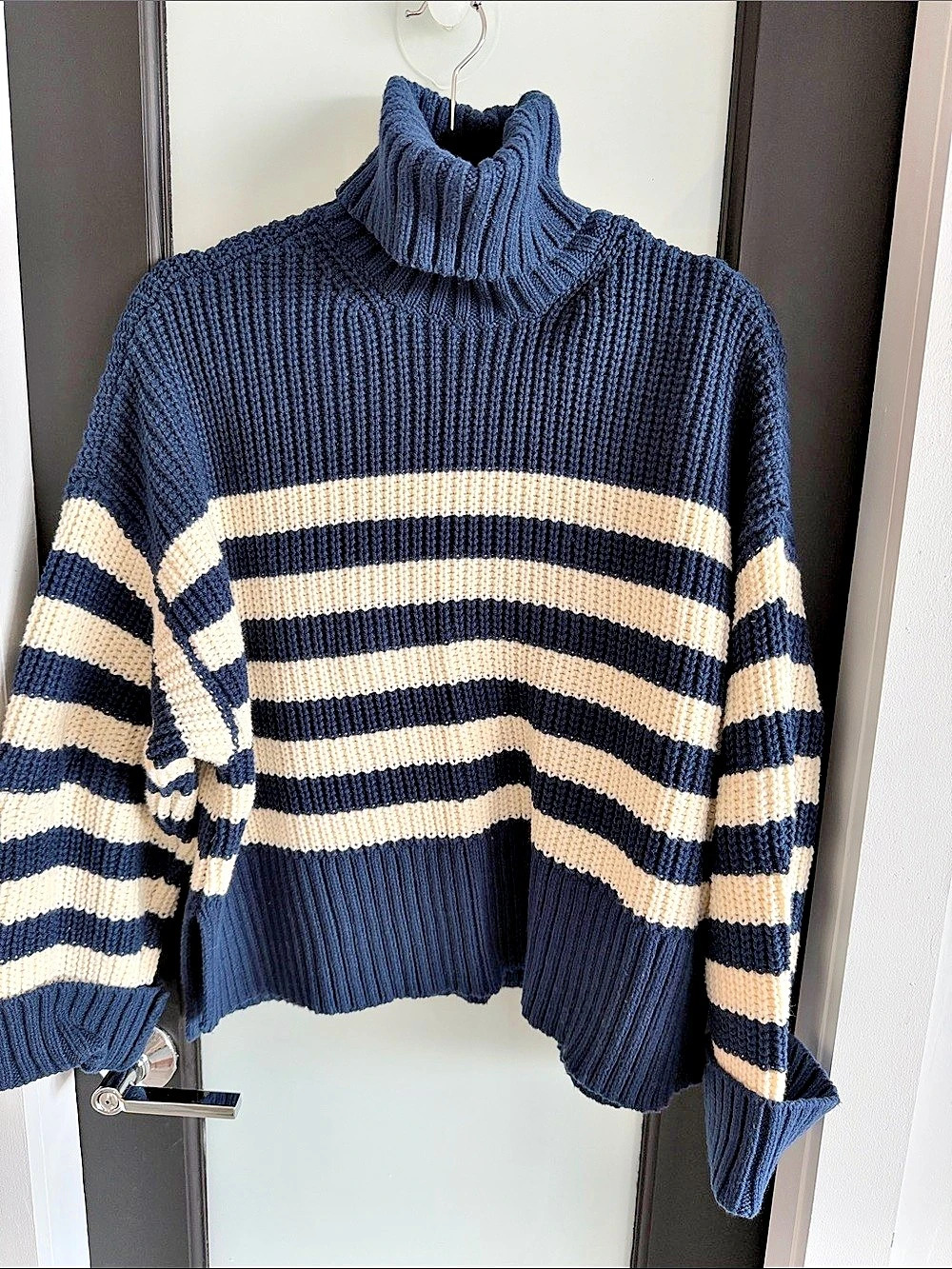 Madewell Wide Rib Turtleneck Sweater in Stripe Blue & White Large